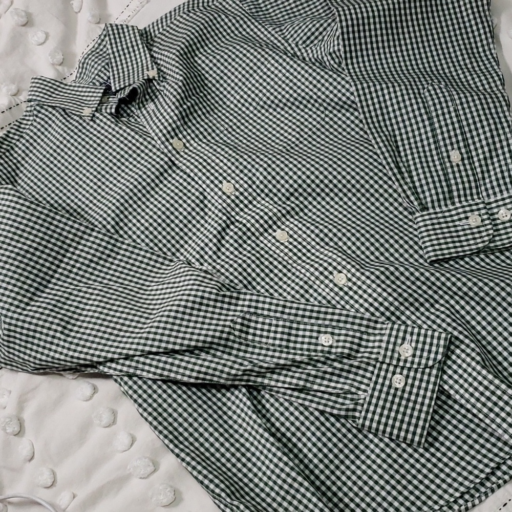 Brooks brothers fleece women's green/white checkered button down long sleeve med